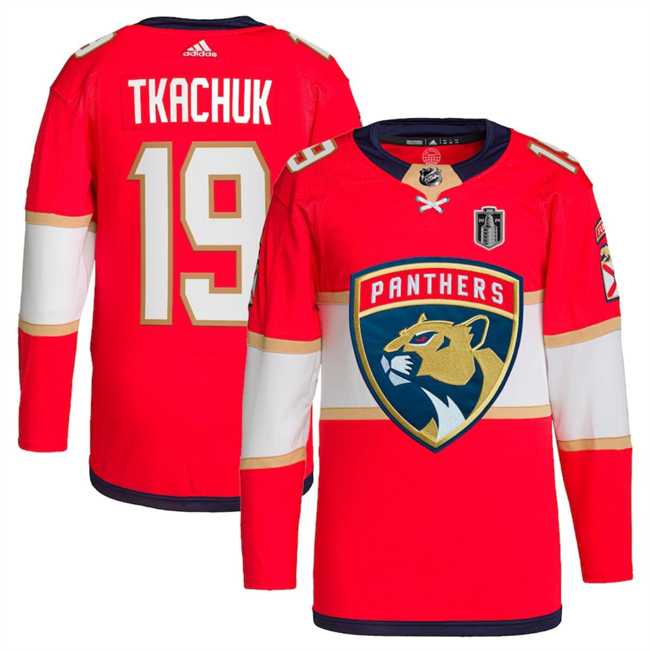 Mens Florida Panthers #19 Matthew Tkachuk Red 2024 Stanley Cup Final Patch Stitched Jersey Dzhi